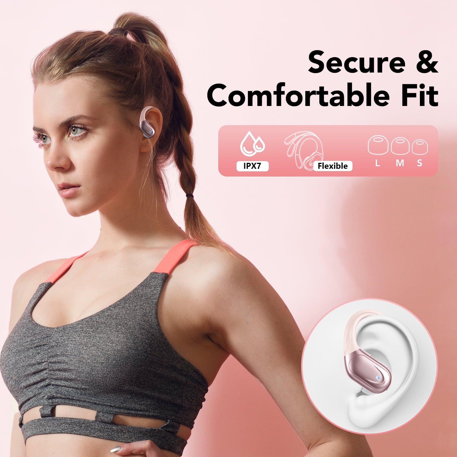 Wireless Earbuds Bluetooth Headphones with Earhooks, 60H Playtime LED Display, Deep Bass Over Ear Buds, IPX7 Waterproof Sport Earphones Built-in Mic for iPhone Android Running Gym, Rose Pink