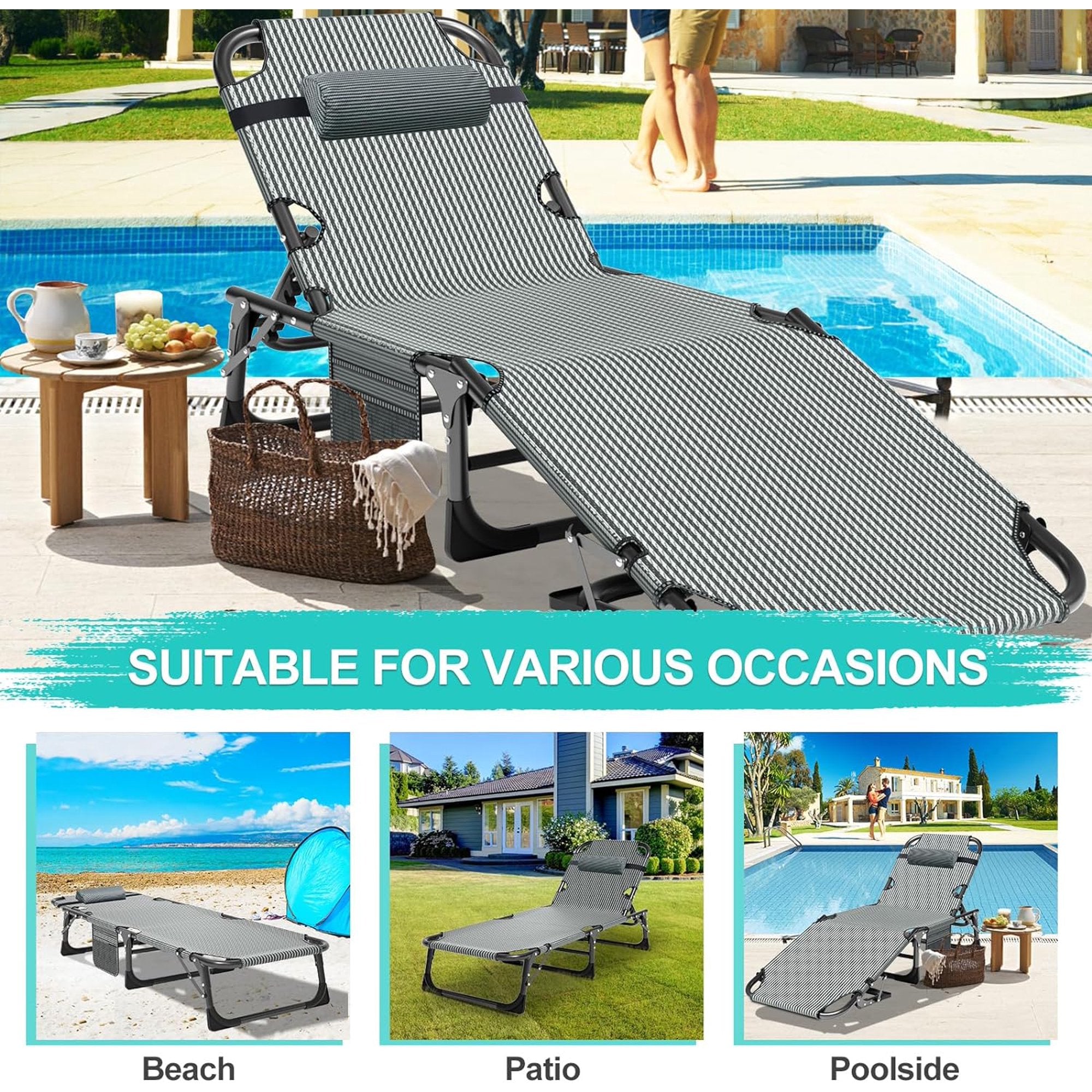 Slsy Portable Folding Camping Cot Bed with 2 Sided Mattress & Pillow, Adjustable 5-Position Folding Lounge Chair, Folding Cot Bed