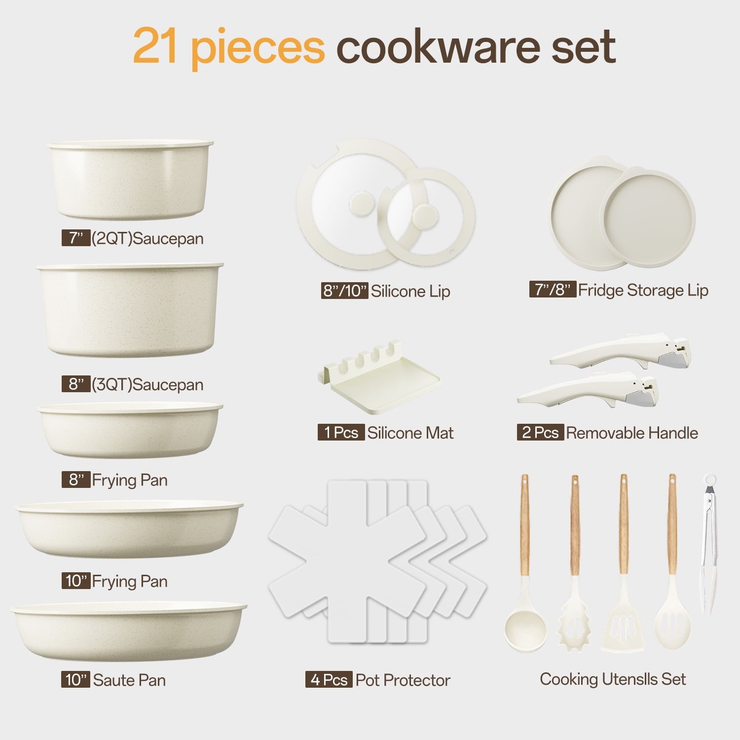 NULAS 21 Piece Pots and Pans Set Non Stick, Stackable RV Kitchen Cooking Set , Cookware Set with Detachable Handle, Dishwasher Safe, Oven Safe, Cream White