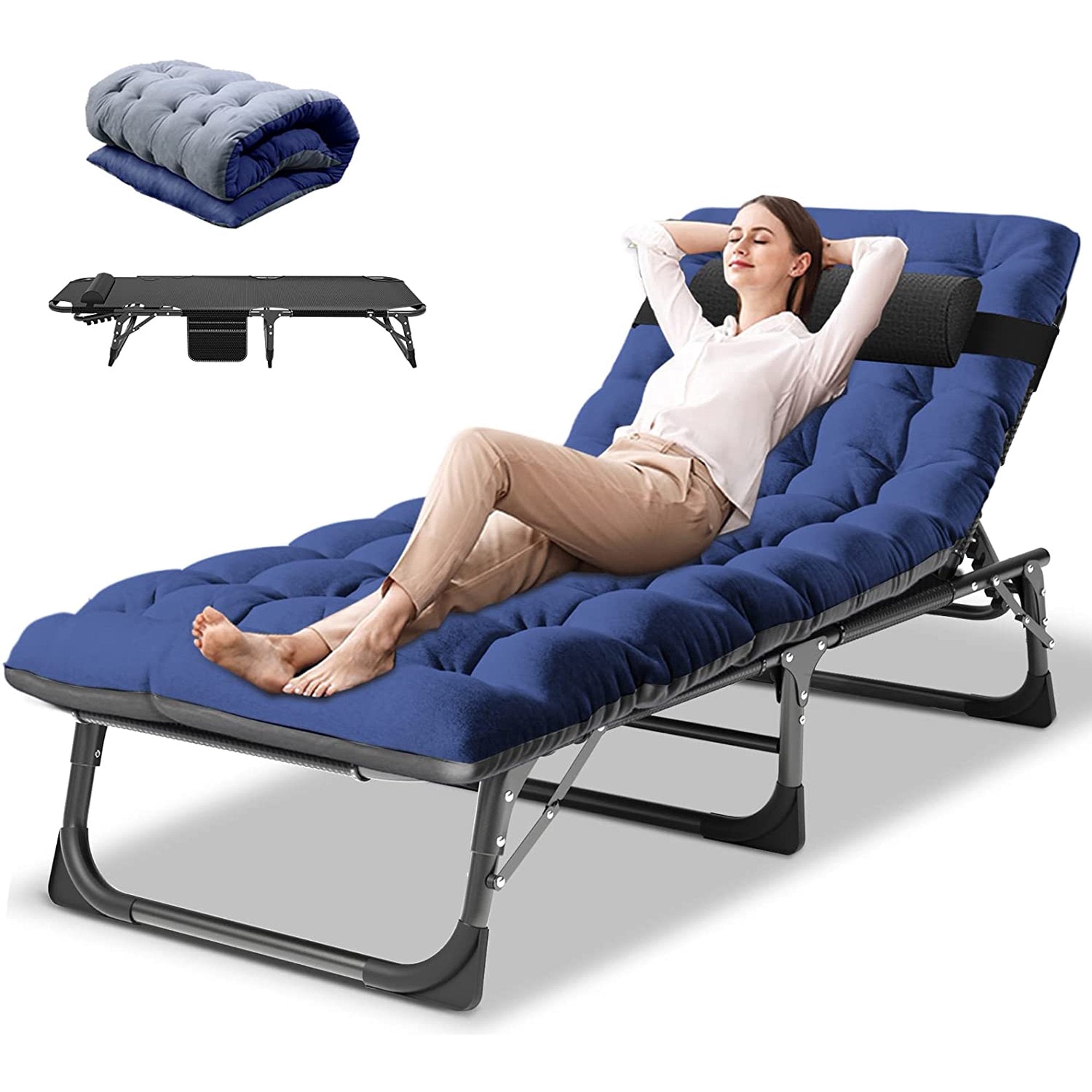 Slsy Portable Folding Camping Cot Bed with 2 Sided Mattress & Pillow, Adjustable 5-Position Folding Lounge Chair, Folding Rollaway Guest Bed