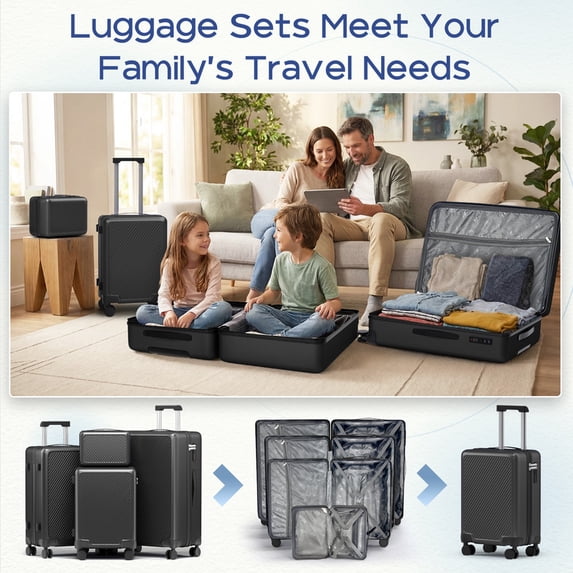 Luggage Sets 4 Piece Carry on Luggage with Spinner Wheels Hardshell Durable Suitcase with TSA Lock 14 20 24 28 inch Black