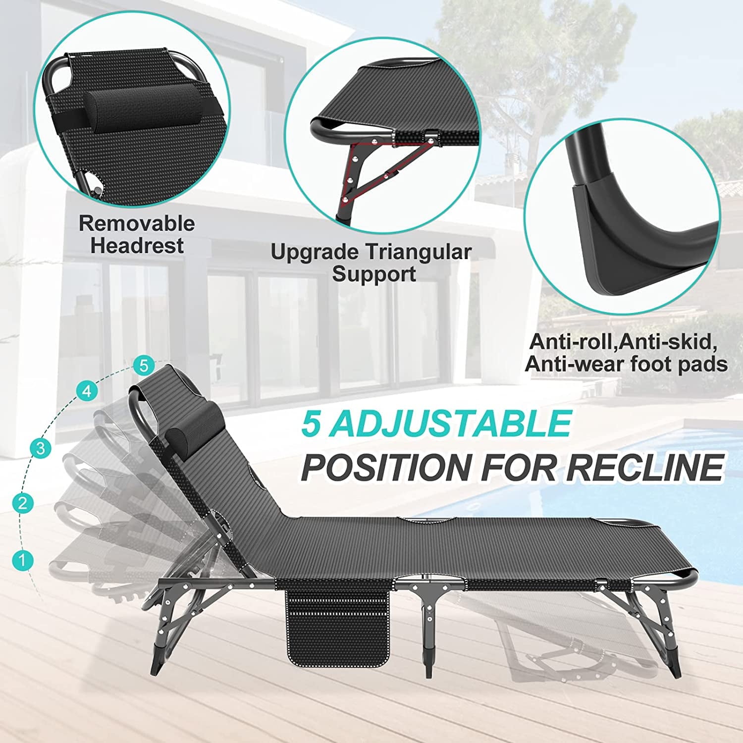 Slsy Portable Folding Camping Cot Bed with 2 Sided Mattress & Pillow, Adjustable 5-Position Folding Lounge Chair, Folding Rollaway Guest Bed