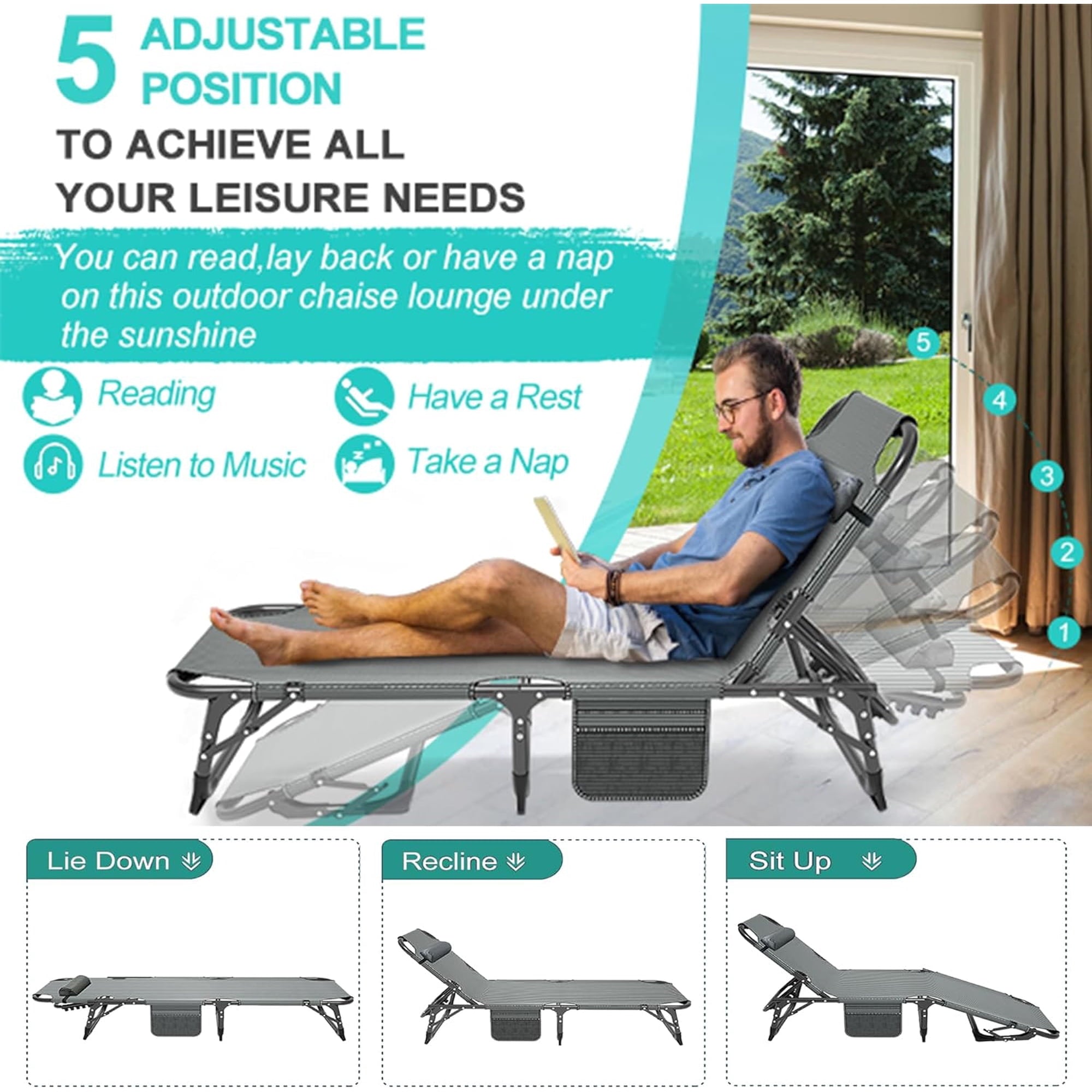 Slsy Portable Folding Camping Cot Bed with 2 Sided Mattress & Pillow, Adjustable 5-Position Folding Lounge Chair, Folding Cot Bed