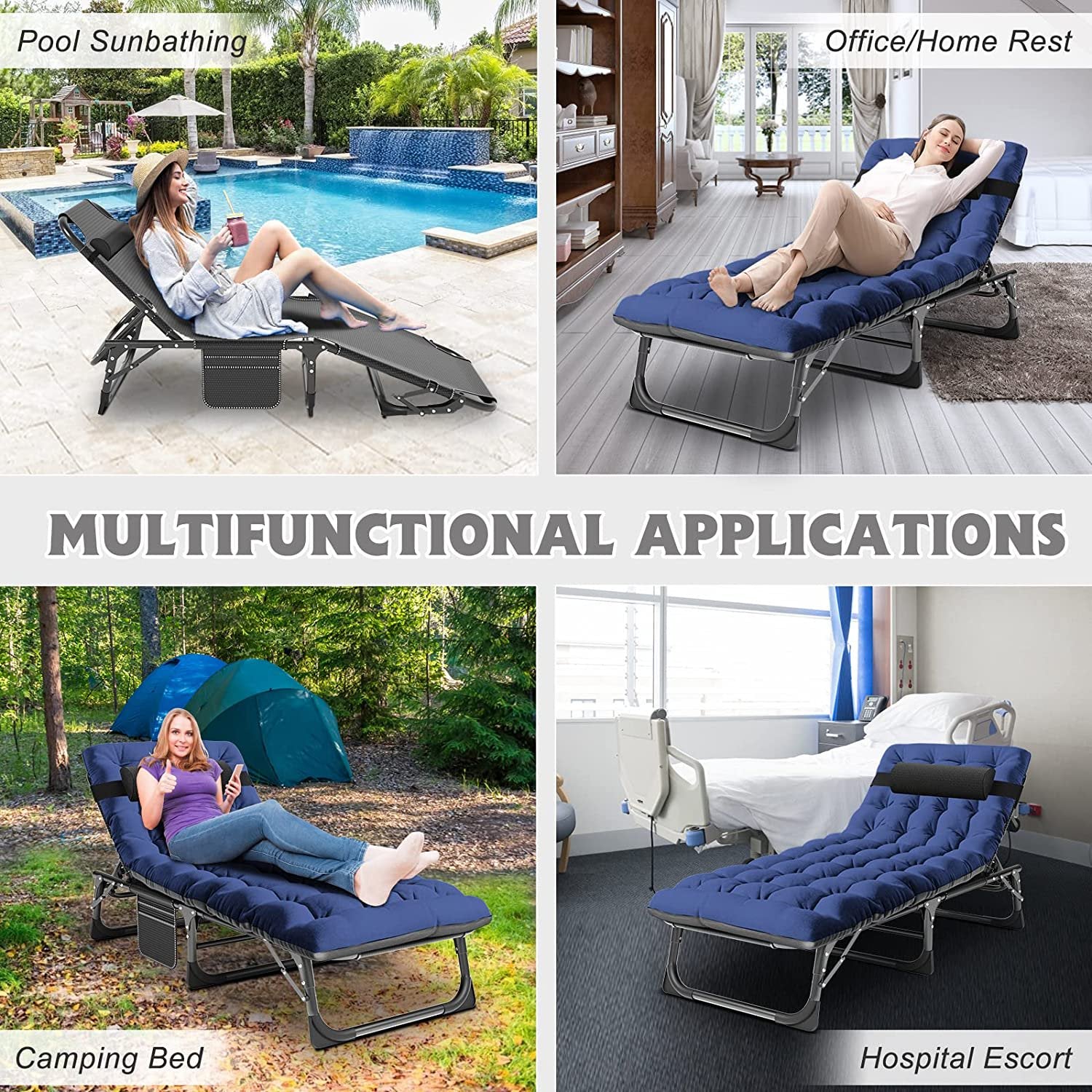 Slsy Portable Folding Camping Cot Bed with 2 Sided Mattress & Pillow, Adjustable 5-Position Folding Lounge Chair, Folding Rollaway Guest Bed