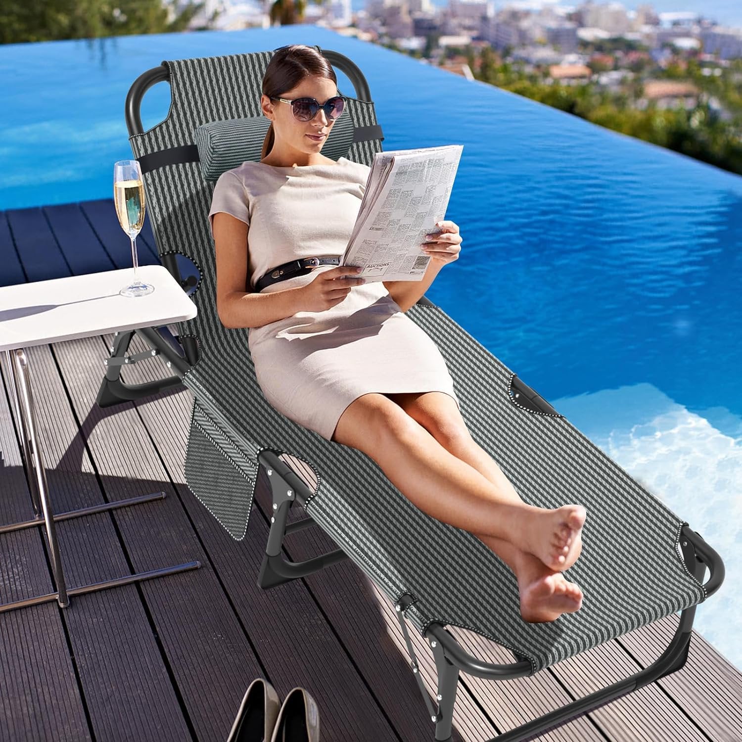 Slsy Portable Folding Camping Cot Bed with 2 Sided Mattress & Pillow, Adjustable 5-Position Folding Lounge Chair, Folding Cot Bed