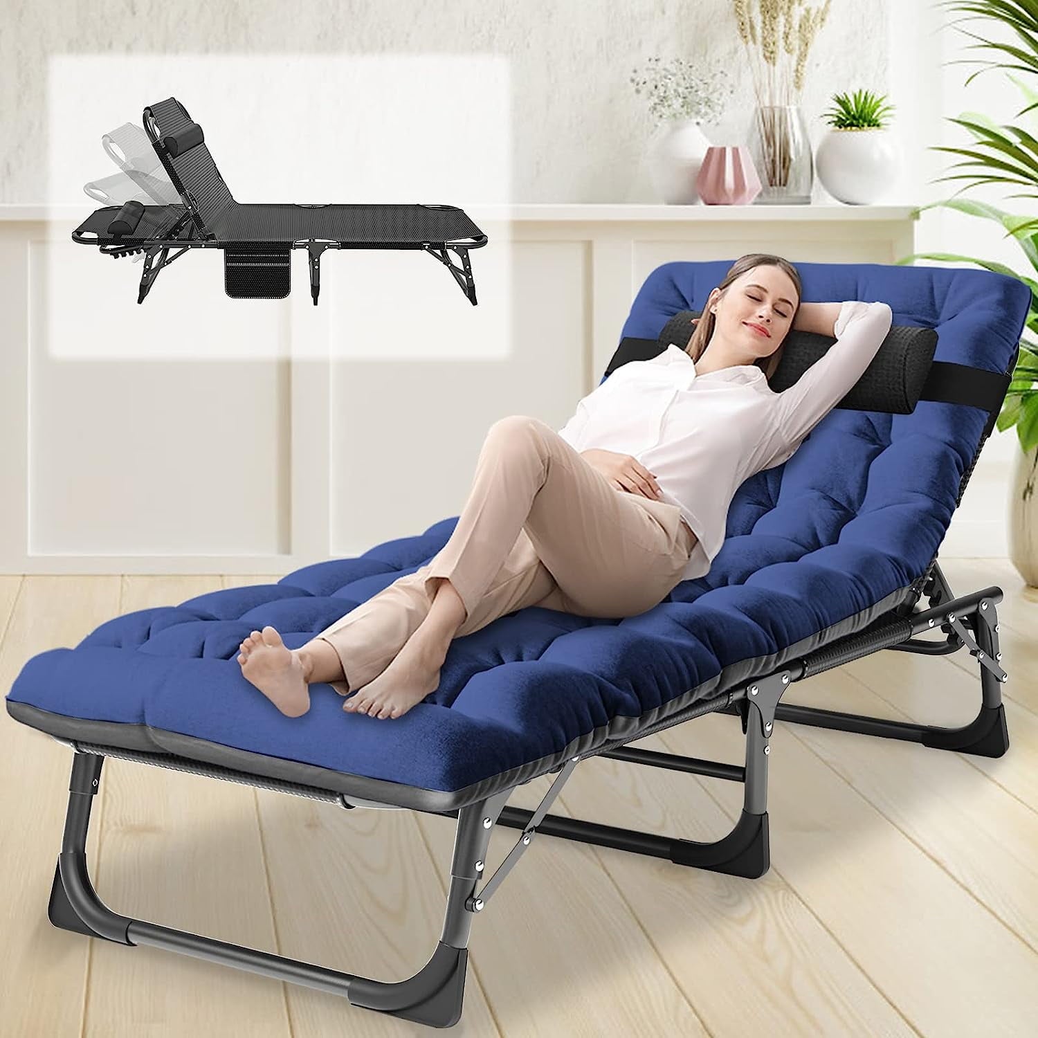 Slsy Folding Lounge Chair, 5-Position Adjustable Outdoor Reclining Chair, Folding Sleeping Bed Cot, Folding Chaise Lounge Chair for Pool Beach Patio Sunbathing