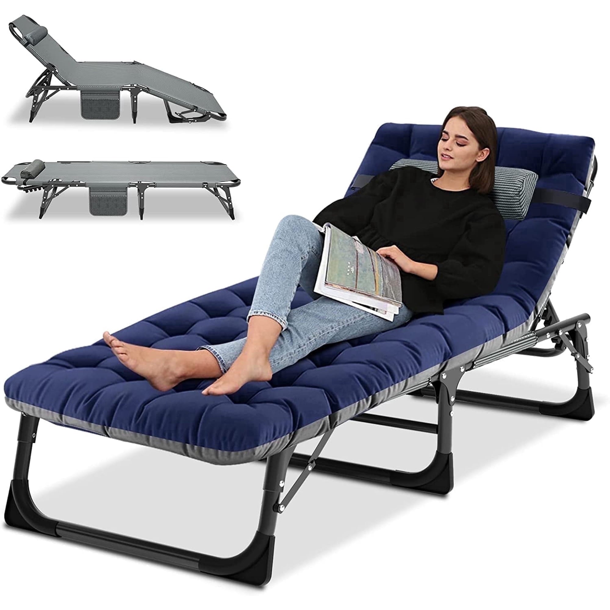 Slsy Portable Folding Camping Cot Bed with 2 Sided Mattress & Pillow, Adjustable 5-Position Folding Lounge Chair, Folding Cot Bed
