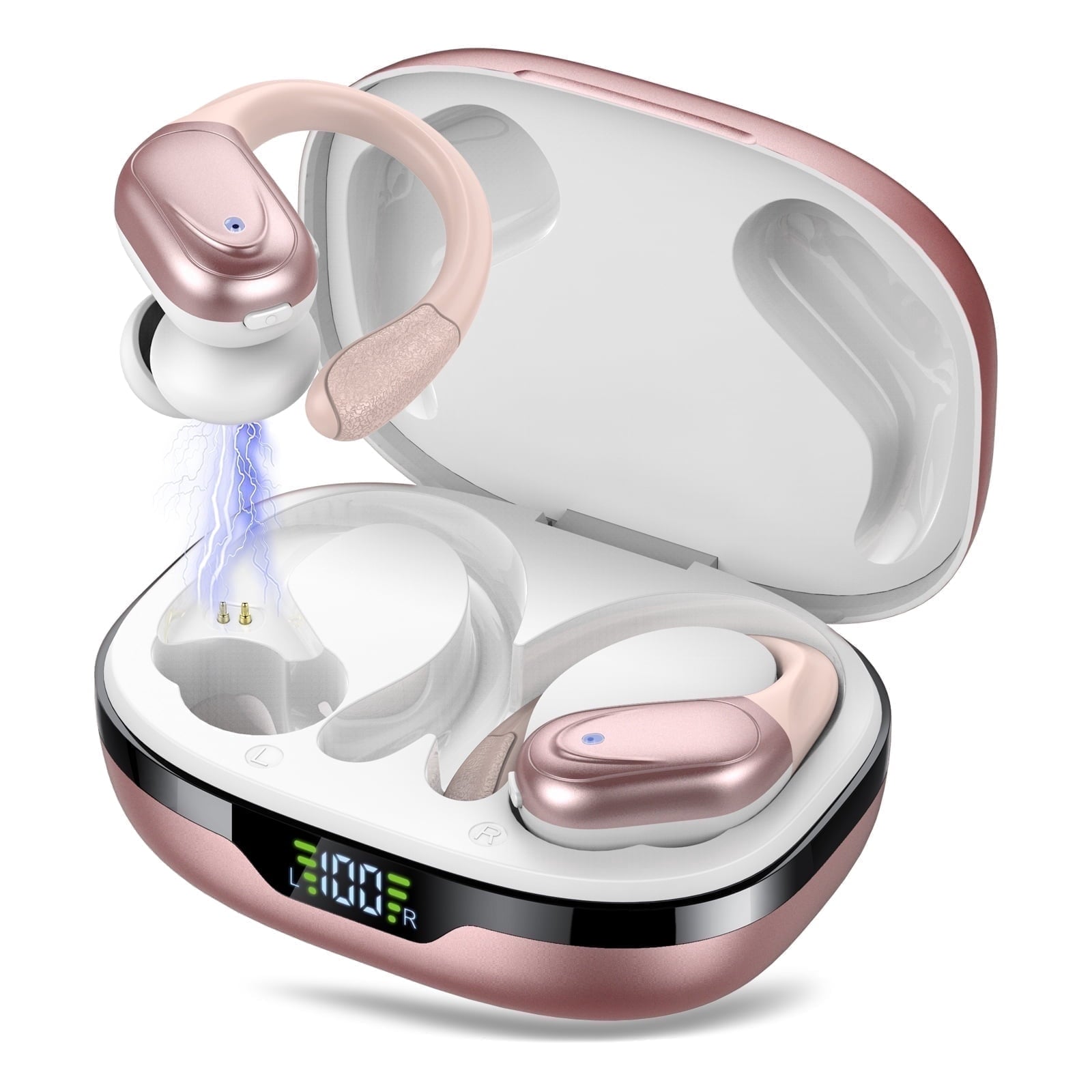 Wireless Earbuds Bluetooth Headphones with Earhooks, 60H Playtime LED Display, Deep Bass Over Ear Buds, IPX7 Waterproof Sport Earphones Built-in Mic for iPhone Android Running Gym, Rose Pink