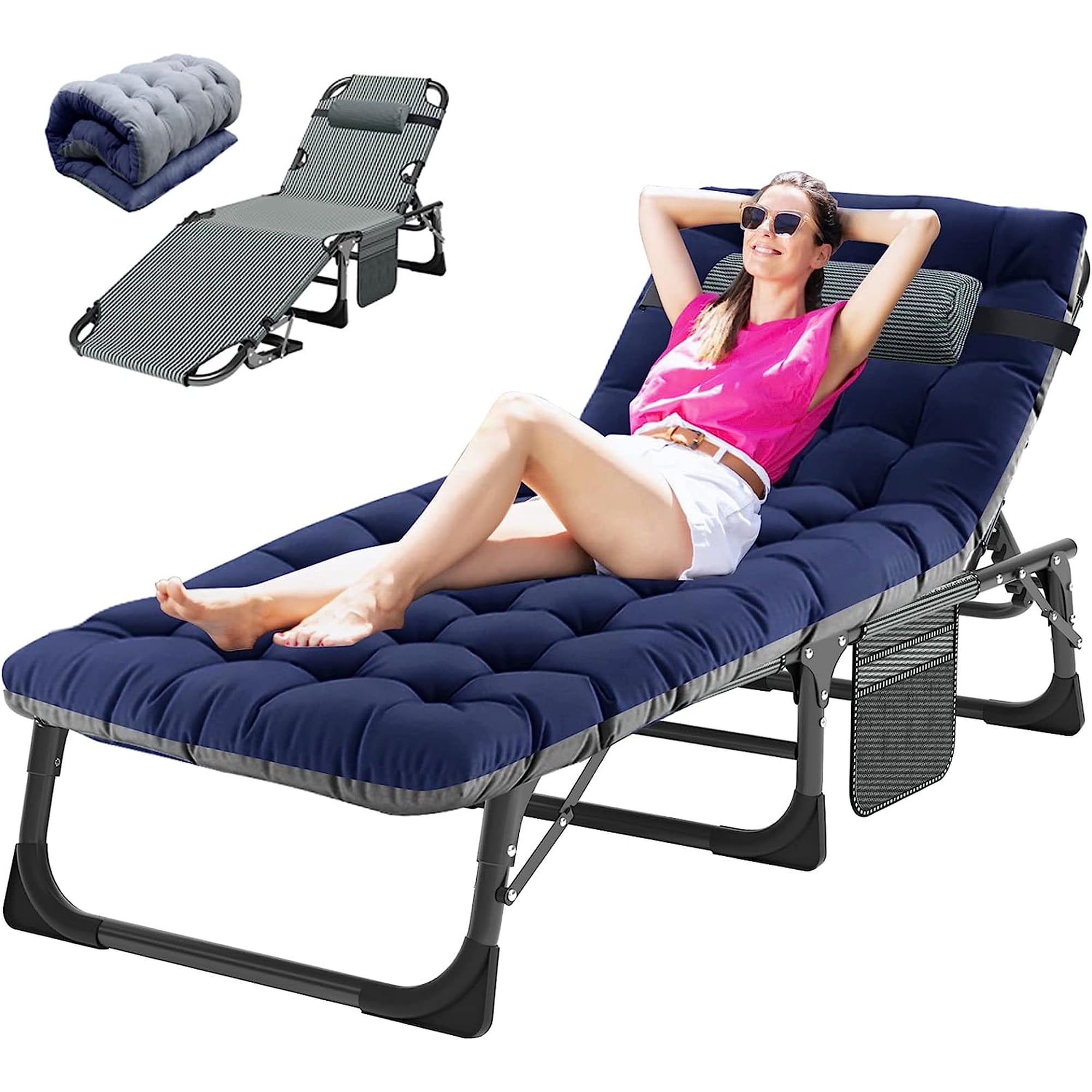 Slsy Portable Folding Camping Cot Bed with 2 Sided Mattress & Pillow, Adjustable 5-Position Folding Lounge Chair, Folding Cot Bed