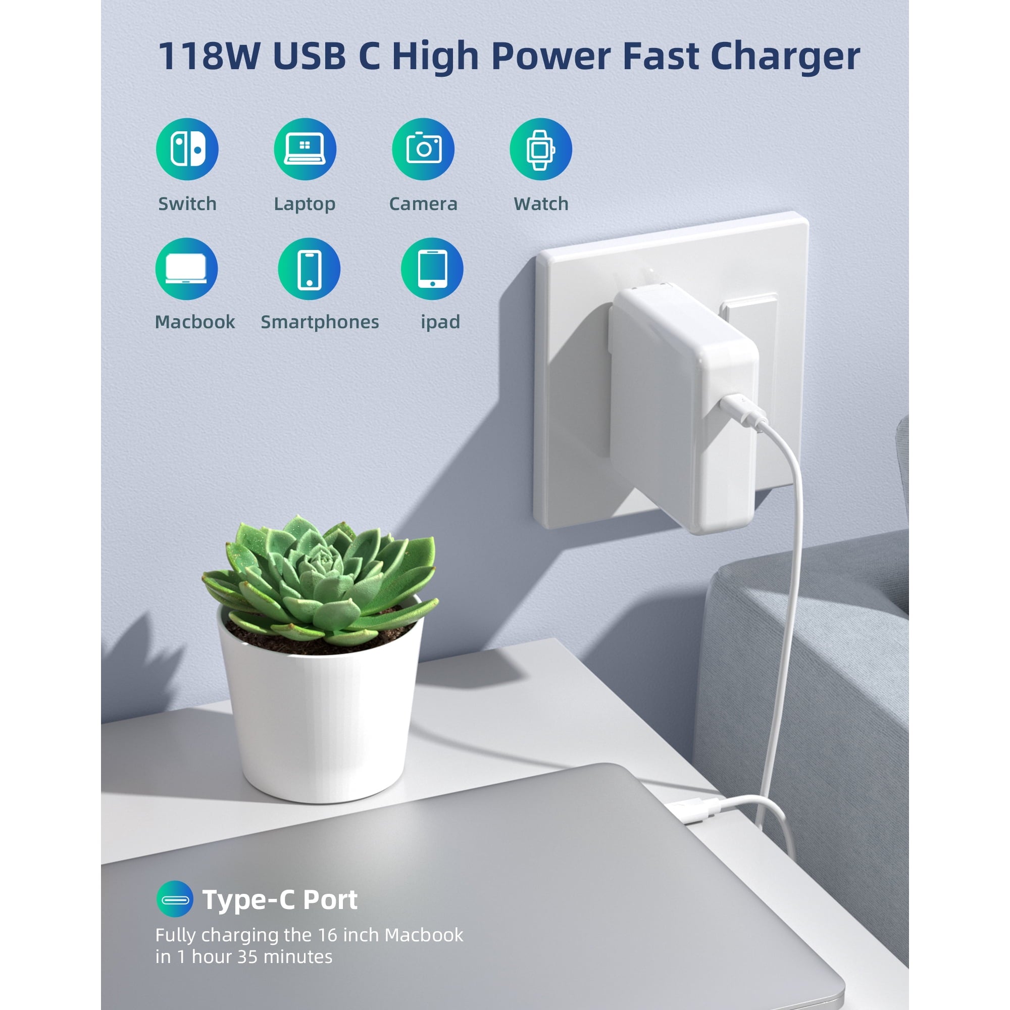 118W USB C Fast Charger，Laptop Charger Compatible with All USB C Charge Device
