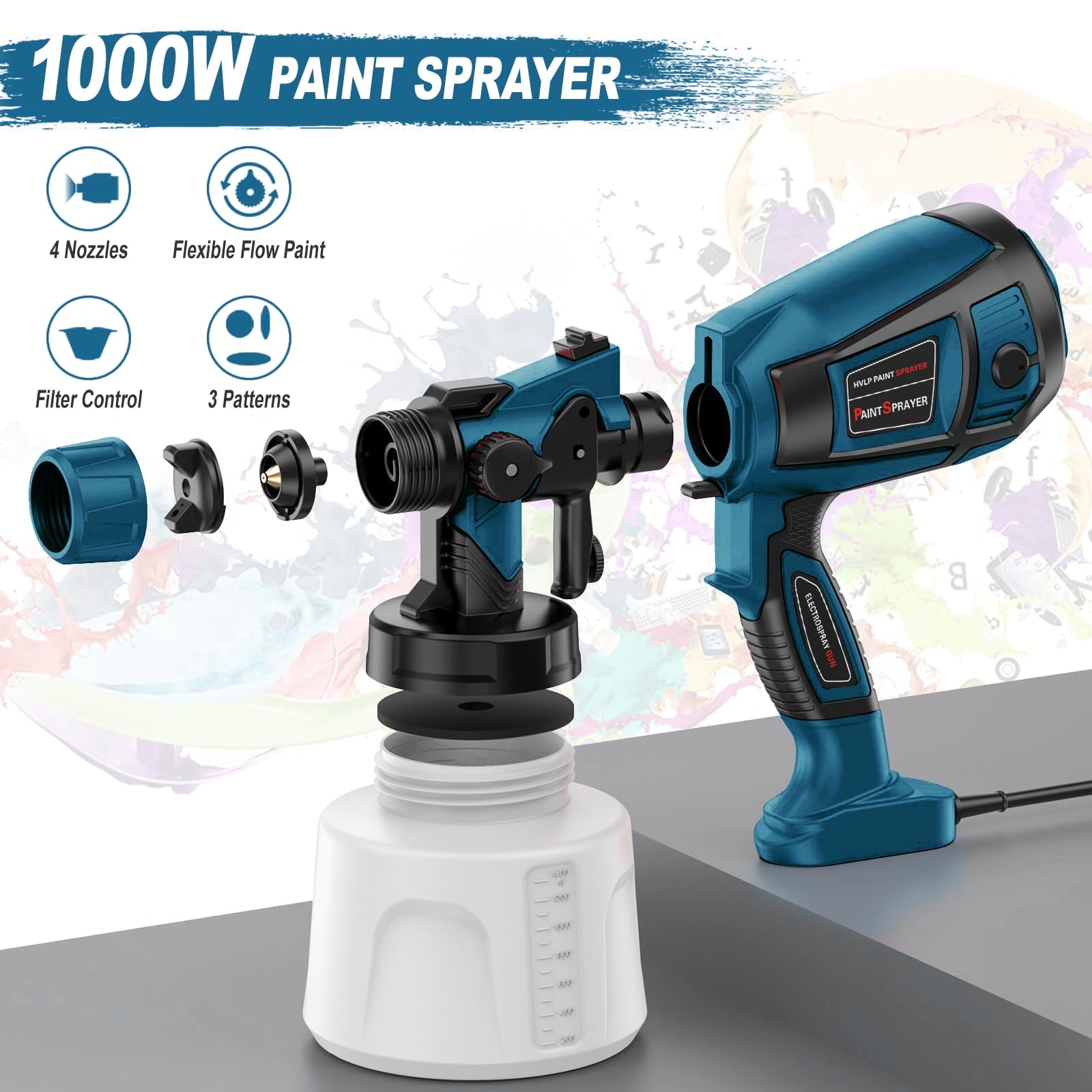 Purevigil Paint Sprayer 1000W HVLP High Power Electric Spray Paint Gun 1400ml High Capacity Container Easy to Clean for Home Interior, House Painting and Exterior