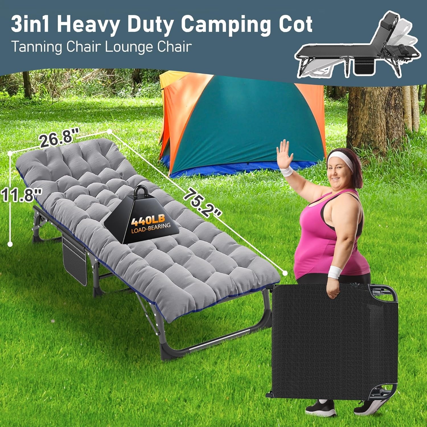 Slsy Folding Lounge Chair, 5-Position Adjustable Outdoor Reclining Chair, Folding Sleeping Bed Cot, Folding Chaise Lounge Chair for Pool Beach Patio Sunbathing